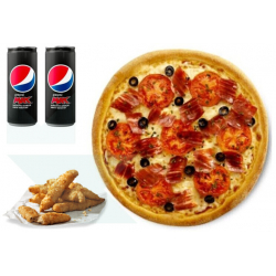 Menú para 2: Pizza mediana + entrante + 2 latas (a domicilio)