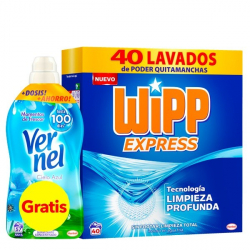 Chollo - Wipp Express Detergente Polvo 40 lavados + Suavizante Vernel Cielo Azul 57 dosis